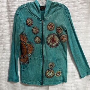 Rising International Teal Hoodie Colorful Peace Sign Patches Boho Hippie SZ M